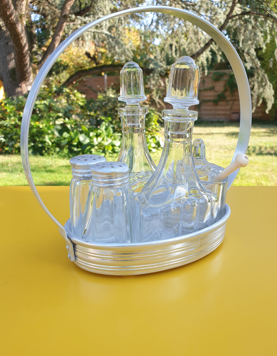 Serviteur De Table Vintage 1950 – Teck Et Verre Vert – Plateau Roulant