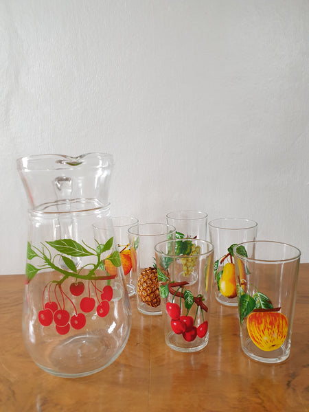 Service à orangeade vintage en verre motifs fruits