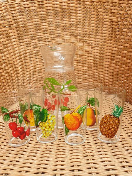 Service à orangeade vintage en verre motifs fruits