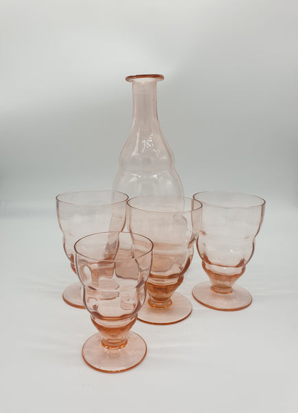 Carafe années 30 en verre rose et ses 4 verres