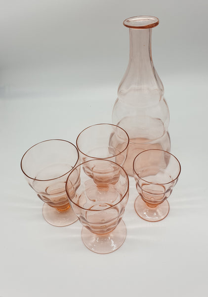 Carafe années 30 en verre rose et ses 4 verres
