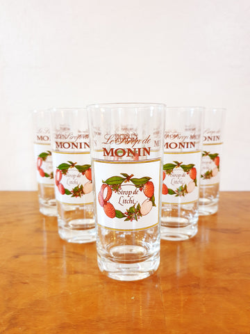 6 verres publicitaires « Le sirop de Monin »  motifs « litchis »