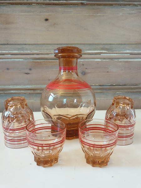 Service rose carafe avec ses 8 huit verres années 30/40