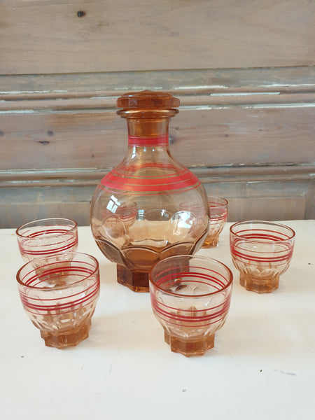 Service rose carafe avec ses 8 huit verres années 30/40