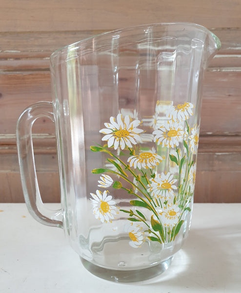 Pichet ancien en verre motifs marguerites peints à la main