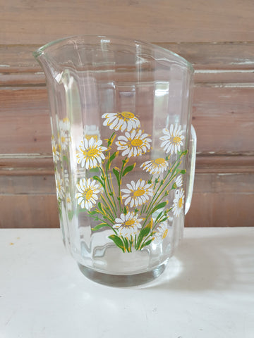 Pichet ancien en verre motifs marguerites peints à la main