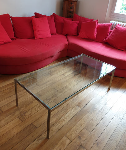 Table basse années 70 en verre et chrome