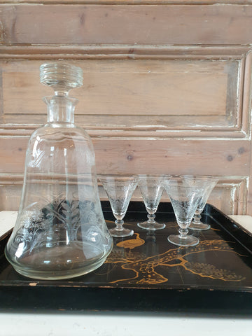 Carafe et ses 4 verres à apéritif en cristal  années 50