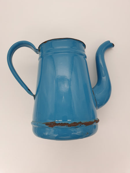 Cafetière ancienne en tôle émaillée bleue