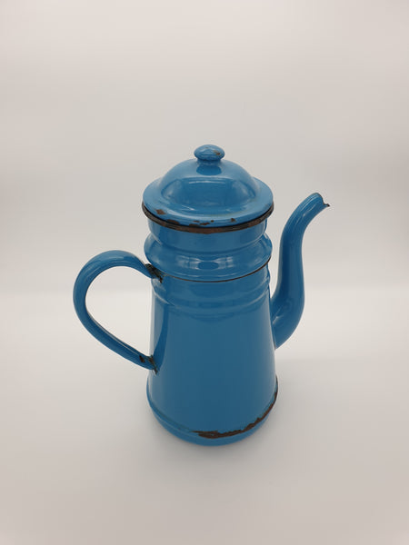 Cafetière ancienne en tôle émaillée bleue