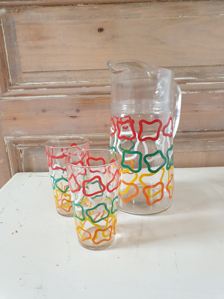 Pichet et ses 2 verres motifs colorés années 70