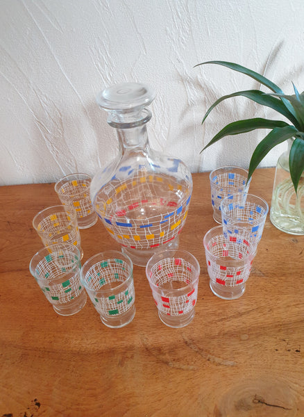 Service à apéritif en verre motifs multicolores 60'S