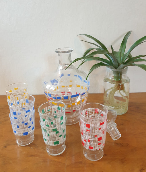 Service à apéritif en verre motifs multicolores 60'S