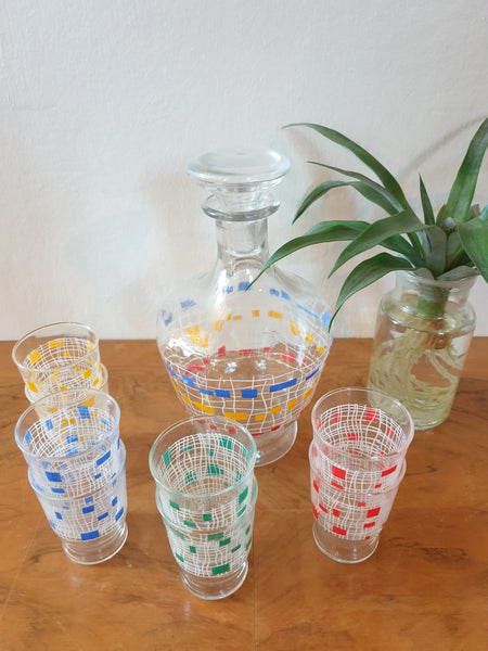 Service à apéritif en verre motifs multicolores 60'S